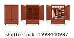 Close open wardrobe. Wardrobes with clothes and shoes, packaging boxes. Isolated wooden cupboard vector illustration