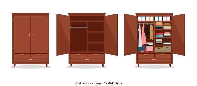 Close open wardrobe. Wardrobes with clothes and shoes, packaging boxes. Isolated wooden cupboard vector illustration - Shutterstock ID 1998440987