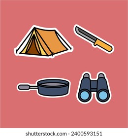 A close up of outdoor essentials including binoculars, a knife, and a tent. This asset is perfect for adventure, camping, survival, and outdoor-themed designs and projects.