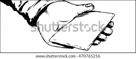 Close up outline illustration on hand holding sealed envelope or card