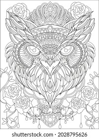 Close Up Owl Head With Crown Surrounding Rose Flowers Vines Colorless Line Drawing. Nightowl With Tiara Surrounded With Flower Facing Forward Coloring Book Page.