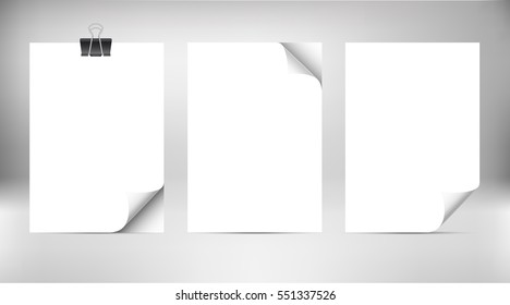 Close up paper sheets with curled corner isolated on grey background. Photo realistic paper with paper clip and shadow. Vector mockup.