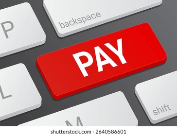 Close Up Pay Button on Laptop or Computer Keyboard for Online Payment, Digital Wallet, and 3D Finance Illustration