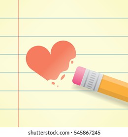 Close up of a pencil erasing the red heart symbol on a paper. Idea - Divorce, marriage difficulties, solitude, loneliness concepts.