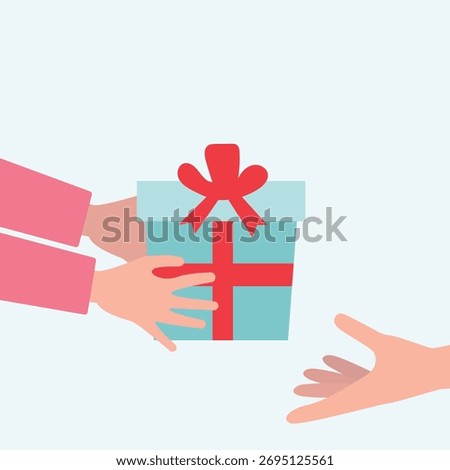 Close up of people hand giving and receiving  gift box or presents.  people holds gift box with a red ribbon in hands vector illustration.