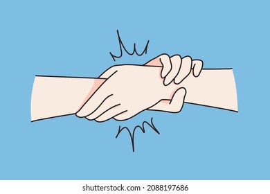 Close Up Of People Hold Join Hands Show Strong Bond And Unity. Persons Demonstrate Support And Help. Friendship And Partnership. Togetherness Concept. Flat Vector Illustration, Cartoon Character. 