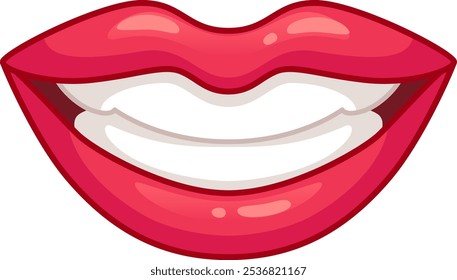 Close up of perfect smile with white teeth and red shiny lips, expressing happiness and good mood