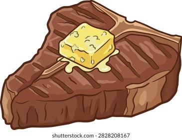 Close up of a perfectly grilled T bone steak featuring a melting pat of blue cheese butter The rich brown seared meat and visible T bone are presented on a clean white background
