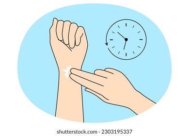 Close up of person check pulse with two fingers technique on wrist. Unhealthy man or woman measure radial pulse on hand. Medicine and healthcare concept. Vector illustration.