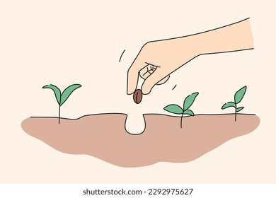 Close up of person hand put seed in soil. Farmer plant nut in ground engaged in gardening. Farming and agriculture. Vector illustration. 