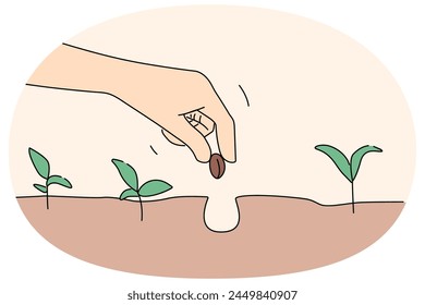 Close up of person hand put seed in soil. Farmer plant nut in ground engaged in gardening. Farming and agriculture. Vector illustration.