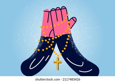 Close up of person hands with cross on chain in hands pray to God. Religious man believer feel thankful grateful show faith. Religion and belief. Christianity concept. Vector illustration. 