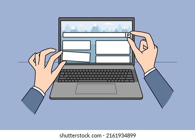 Close up of person hands move UI elements designing website on laptop. Web designer work create web page on computer. Technology and IT concept. Vector illustration. 