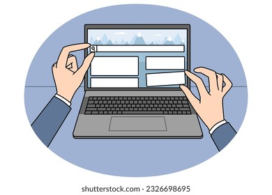 El cierre de las manos de la persona mueve elementos de la interfaz de usuario diseñando el sitio web en el portátil. El trabajo del diseñador web crea una página web en el equipo. Tecnología y concepto de TI. Ilustración vectorial.