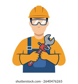Close Up Person Hard Hat Overalls Holding Wrench Mechanic Repair Man Service