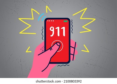 Cierra la puerta de la persona con llamadas al 911 para obtener ayuda urgente. Víctima de hombre o mujer marca el número de emergencia en el smartphone. Ambulancia y urgencia. Gente en peligro. Ilustración vectorial. 