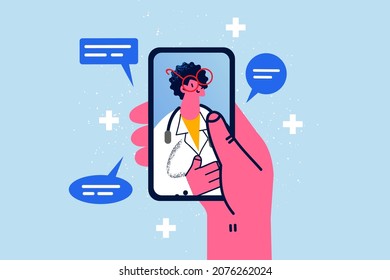 Close up of person hold smartphone talk speak on video call with doctor. Woman have webcam consultation on cellphone with therapist or GP. Internet communication. Flat vector illustration. 