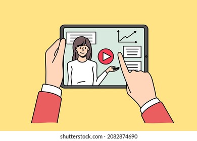 Close up of person hold tablet watch financial educational webinar on gadget online. Man use pad device enjoy tutorial or training on internet. Remote education concept. Vector illustration. 