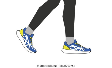 Close up of person walking wearing blue and yellow athletic sneakers and black leggings against white background.