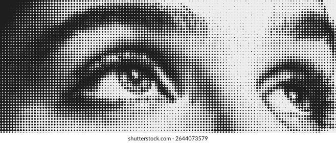 A close up of a person's eye with a blurry background. The eye is surrounded by a blurry area. Halftone collage texture