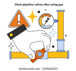 Schließen Sie Rohrleitungsventile, nachdem Sie Gas verwendet haben, um sich bei der Verwendung von Gasgeräten zu schützen. Erkennung von Erdgaslecks oder Gasmangelrohrleitungen Flache Vektorgrafik