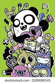 A close up of a playful cartoon panda playing guitar surrounded by quirky characters in bright doodle art. Concept of joyful creativity.
