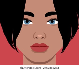 Primer plano retrato de una hermosa mujer africana con corte de pelo Bob. Retrato femenino de cara completa. Labios rojos. Ilustración vectorial