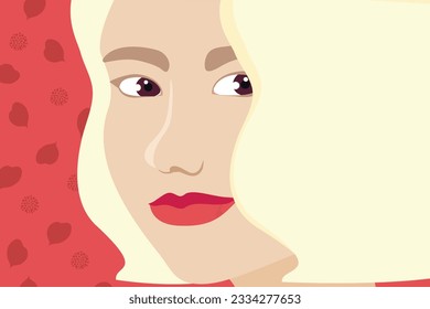Retrato de cerca de una hermosa rubia de cabello rubio con un peinado de peluca sobre fondo pétalo rojo. Ilustración del vector