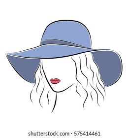 Close up portrait. Beautiful elegant lady in the blue wide-brimmed hat. Bright lips painted on her face. Vector fashion sketch in hand drawing style for your design. EPS10 format.