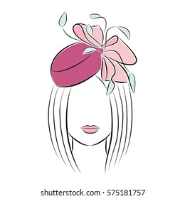 Close up portrait. Beautiful young girl in a festive hat with a bow. Bright lips painted on her face. Vector fashion sketch in hand drawing style for your design. EPS10 format.