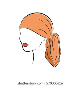 Close up portrait. Beautiful young woman in an orange head bandana. Bright lips painted on her face. Vector sketch in hand drawing style for your design. EPS10 format.