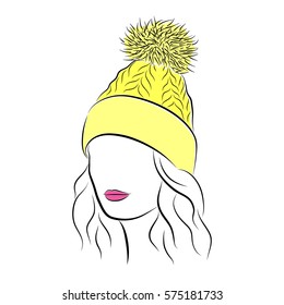 Close up portrait. Beautiful young woman in yellow knitted hat with pompom. Bright lips painted on her face. Vector fashion sketch in hand drawing style for your design. EPS10 format.