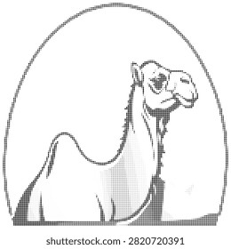 Close up portrait of camel head rendered in halftone dot texture. Artistic minimalist wildlife illustration isolated on white background for creative use.