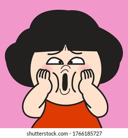 Close Up Portrait Funny Girl Looking Excited Holding Her Mouth Opened, Hands On Cheek, Isolated On Pink Background. Wow. Shocked Surprised Stunned. Human Emotion Concept Card Character illustration
