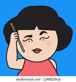 Close Up Portrait Of Girl Holding Eyebrow Brush Near Face. Girl Don't Know How To Shaped Or Defined Her Eyebrow Properly Or Professionally Concept Card Character illustrationjpg