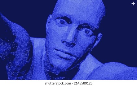 Close up portrait of a man taking selfie. I found it. I see you. Abstract man head made from dots. 3D vector illustration.