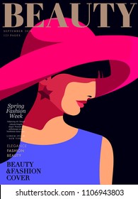 Close up portrait in profile. Abstract young woman wearing big hat and earrings. Woman fashion magazine cover design. Vector illustration