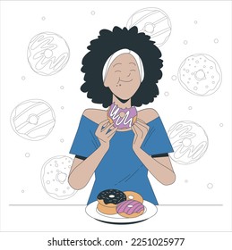 Close up portrait of a satisfied pretty girl eating donuts. Image of hungry young lady standing isolated. Concept of binge eating disorder, food addiction, overeating. vector illustration