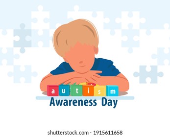 Close up portrait of toddler autistic boy with word AUTISM on wooden blocks. World Autism awareness day concept. Vector illustration in slat style
