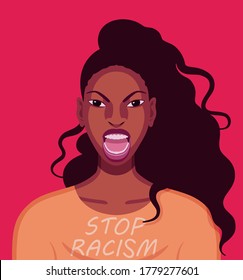 Close up portrait of young beautiful black woman who has angry expression and wears shirt with print against racism