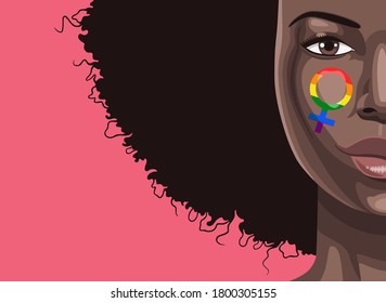 Close Up Portrait Of Young Beautiful Black Woman With Face Painting Of Venus Symbol In Rainbow Colors Of Lgbt Flag