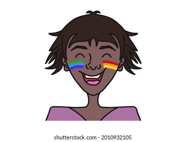 Close up portrait of young beautiful black woman with face painting of venus symbol in rainbow colors of lgbt flag