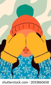 Close up portrait of young woman covering her eyes with her hands. Closed eyes by Mittens. Lady wearing warm beanie and sweater. Snowy winter weather, Cozy clothes concept. Vector illustration