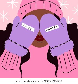 Close up portrait of young woman covering her eyes with her hands. Closed eyes by Mittens. Lady wearing warm beanie and sweater. Snowy winter weather, Cozy clothes concept. Vector illustration