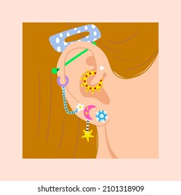 Close up portrait of Young woman with an Ear Piercing. Piercings Jewelry. Different Ear piercing types such as lobe, helix, conch, orbital, rook, tragus, daith. Hand drawn modern Vector illustration