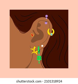 Close up portrait of Young woman with an Ear Piercing. Piercings Jewelry. Different Ear piercing types such as lobe, helix, conch, orbital, rook, tragus, daith. Hand drawn modern Vector illustration