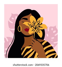 Close up portrait of young woman holding tiger lily. Woman with exotic tropical flower. Design concept for fashion magazine, cover template. Hand drawn trendy vector illustration.