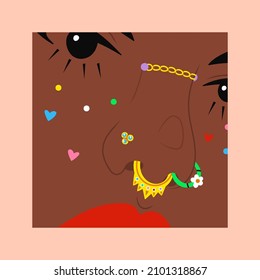 Close up portrait of Young woman with a nose Piercing. Different Piercings Jewelry. Various types. Bridge, septum, hoop, nostril. Hand drawn modern Vector illustration