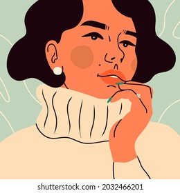 Close up portrait of young woman wearing warm wool Sweater. Beautiful fashion look. Cold winter weather, Cozy clothes concept. Hand drawn trendy Vector illustration. Avatar, poster, print template