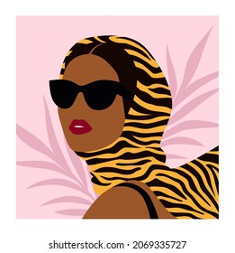 Close up portrait of young woman wearing striped shawl with tiger stripes pattern. Mysterious fashionable woman in dark sunglasses. Hand drawn trendy vector illustration.